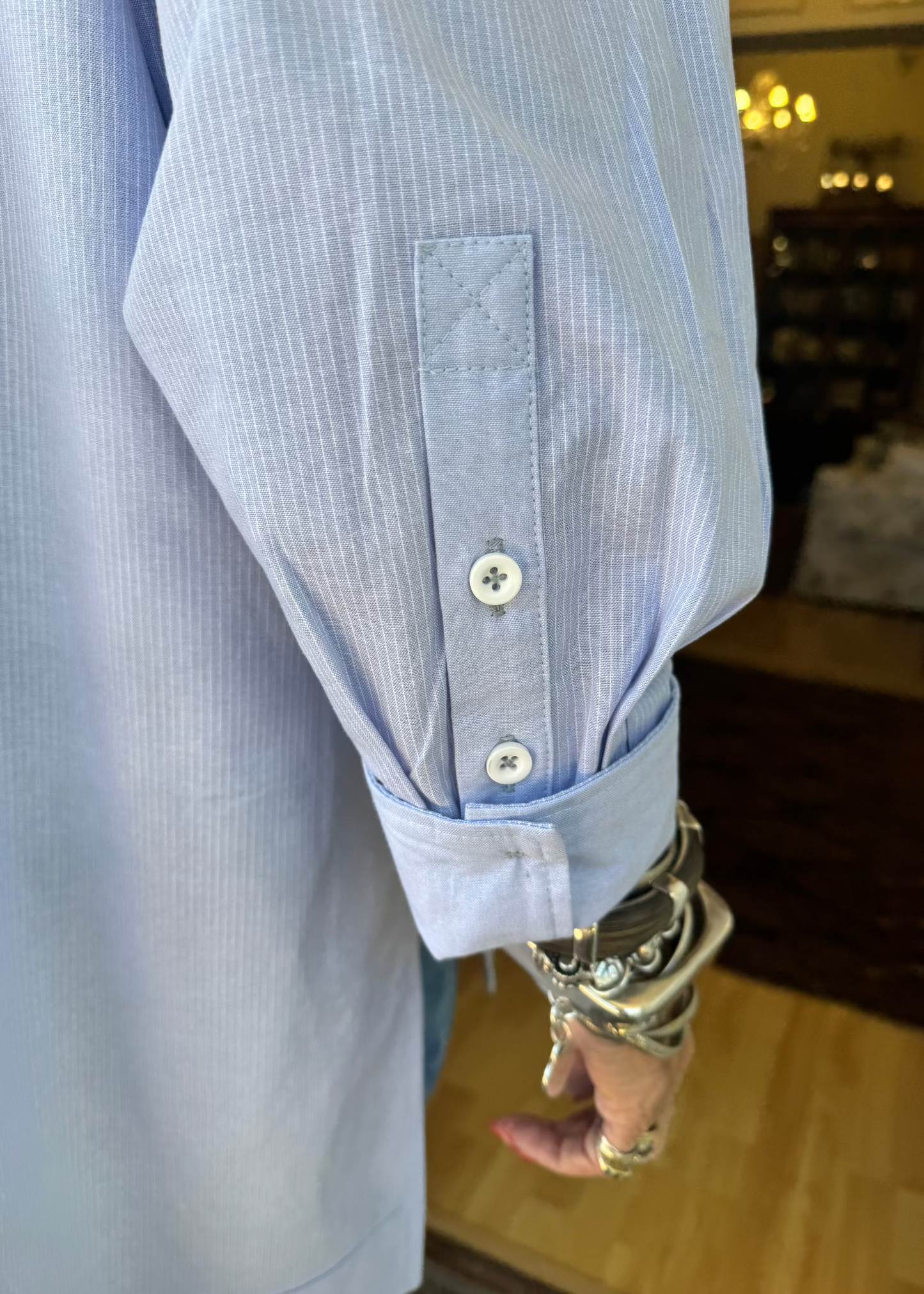 Blue and white striped high-low cotton shirt with contrast cuffs – slow fashion essential.