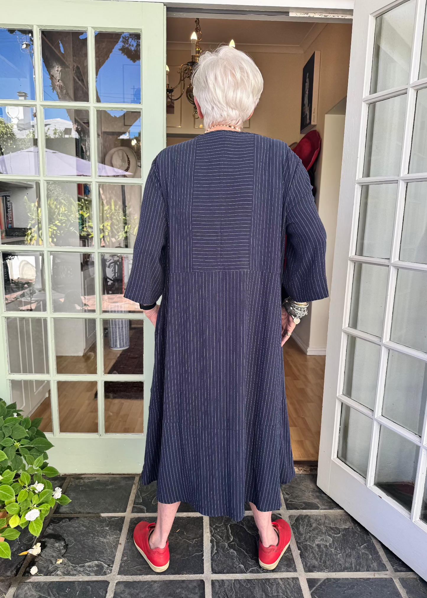 Navy pinstripe Jenny Dress with pockets - versatile rayon-linen blend for all seasons