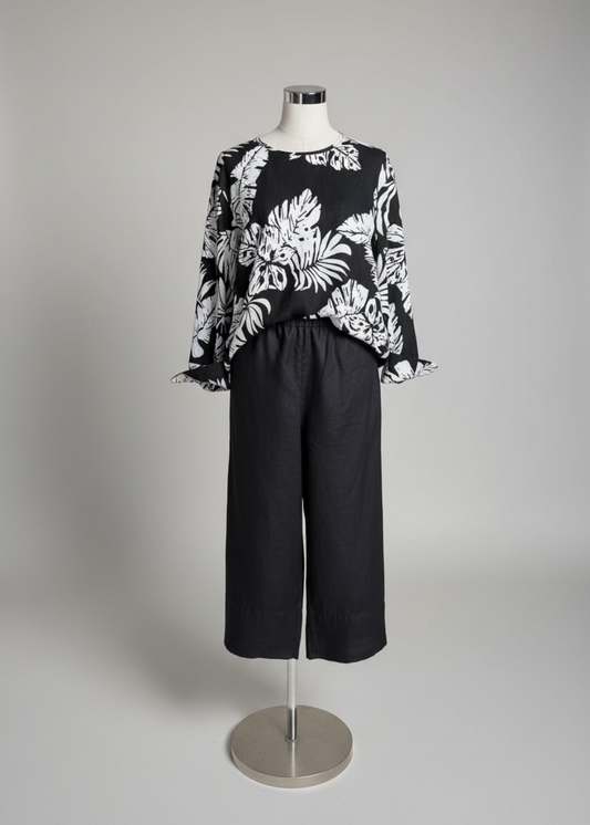 The Black & White Patterned Cropped Linen Shirt