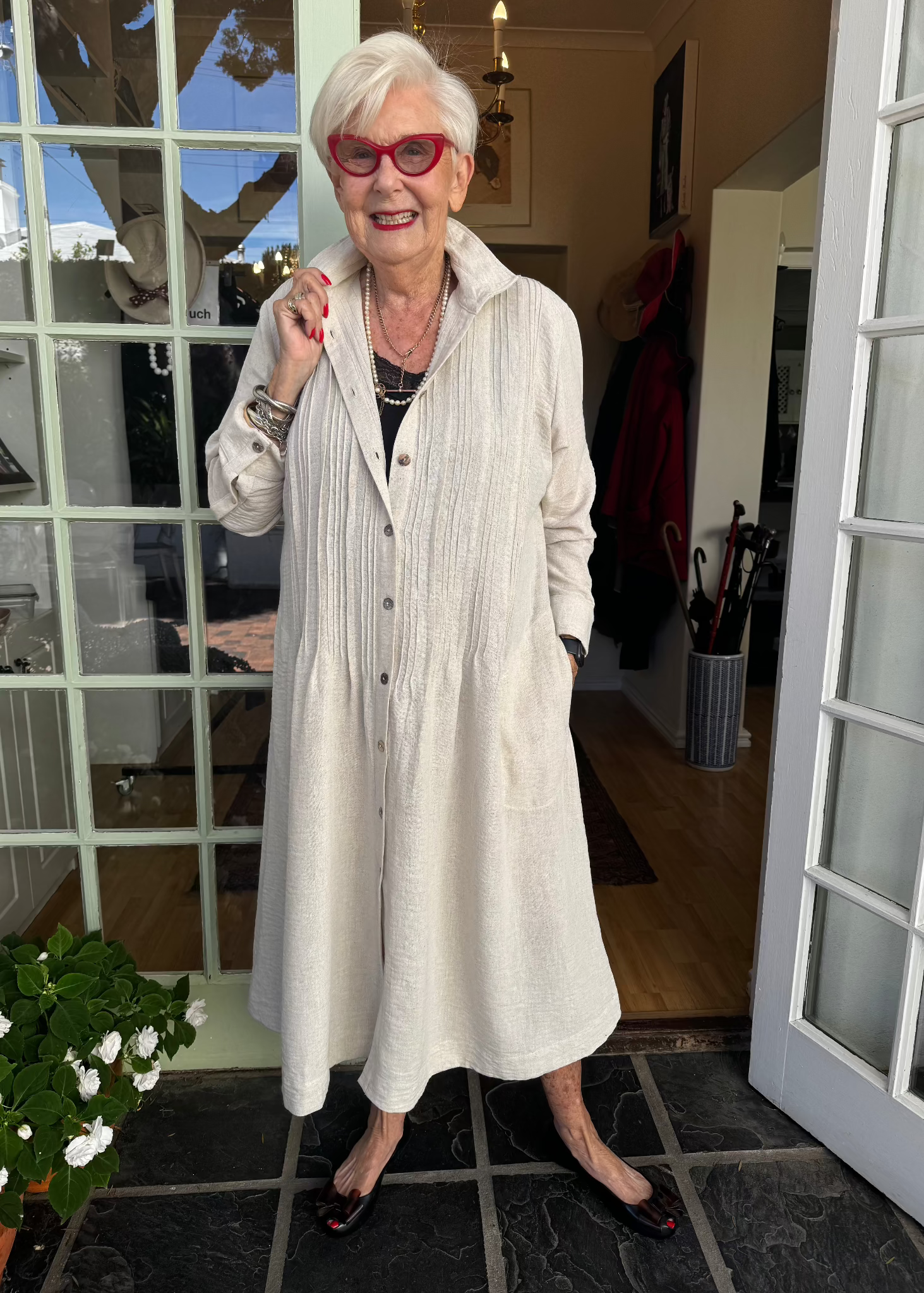 knee length dresses for ladies SOULIN 3/4 Sleeve Pintuck Linen Dress in White main image 0